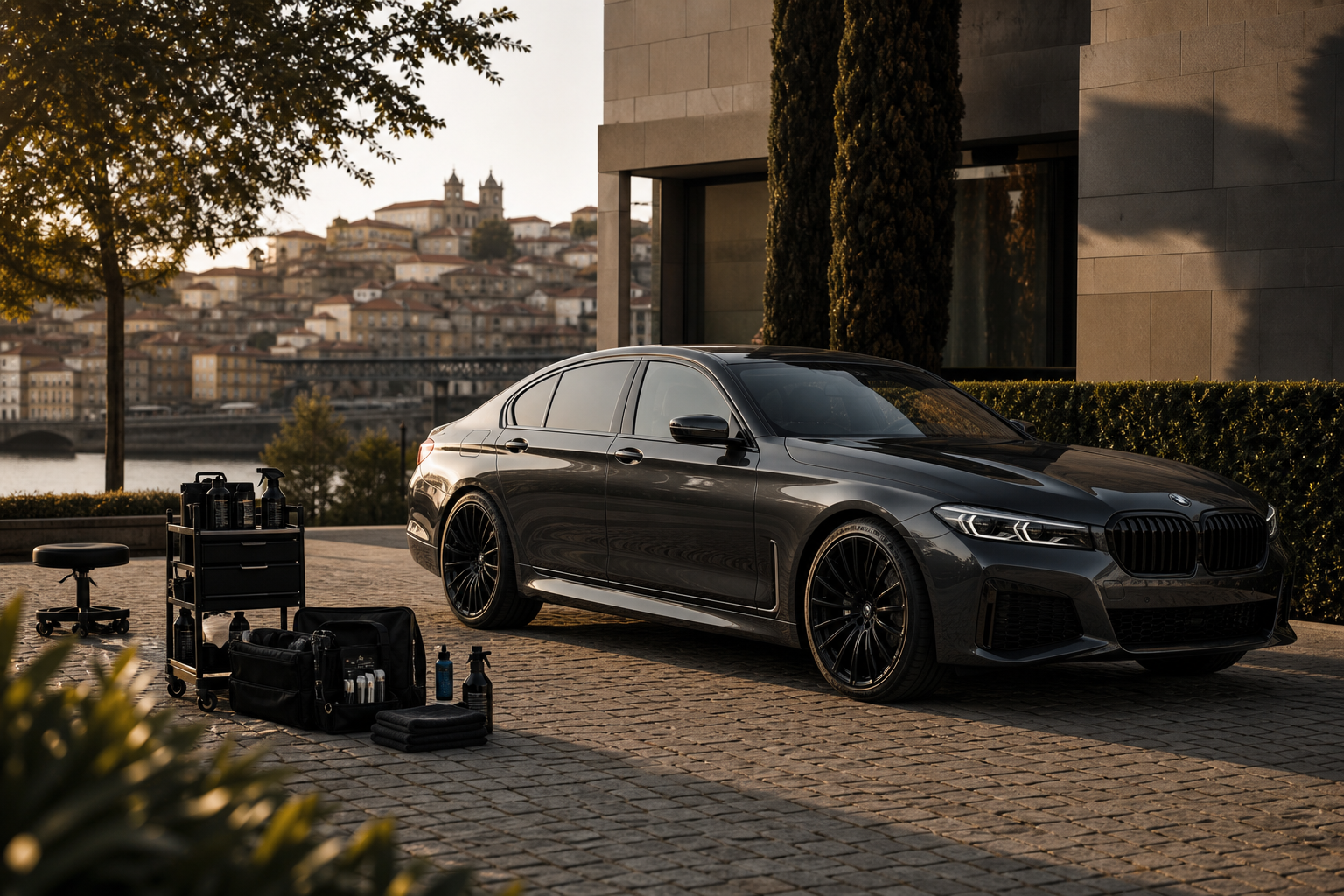 Polished dark graphite luxury sedan parked in an elegant Porto residential driveway at golden hour while a detailer prepares premium mobile detailing equipment