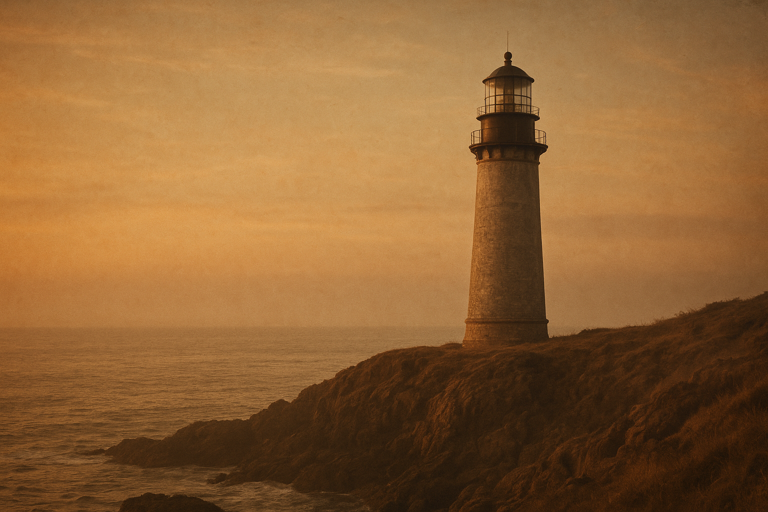 Northern coastal lighthouse above a sea horizon in weathered warm film style