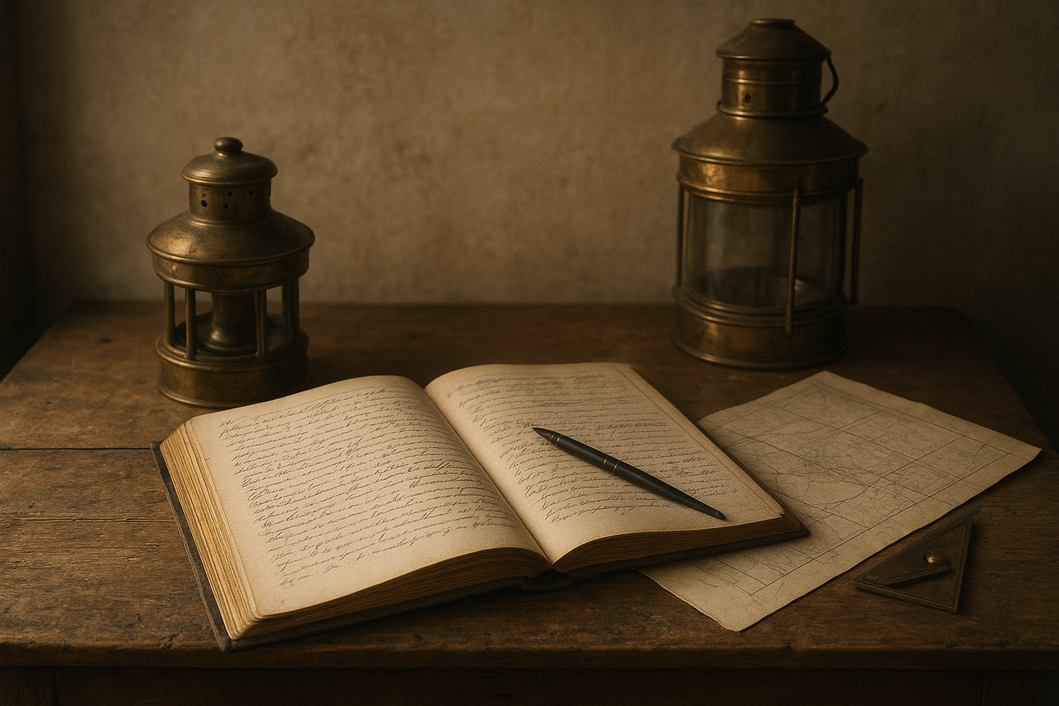 Weathered brass lantern assembly beside an open lighthouse logbook with handwritten entries on a wooden desk