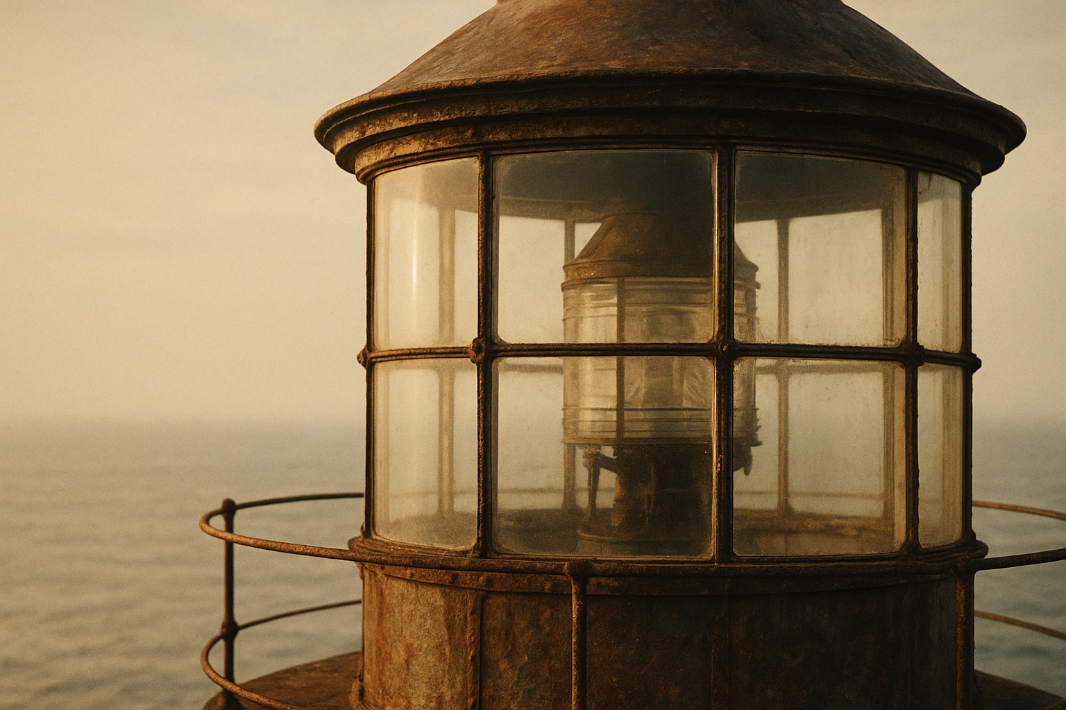 Warm film-style photograph of a lighthouse lantern room detail, showing weathered brass framing, curved glass panes with sea haze, and soft coastal light