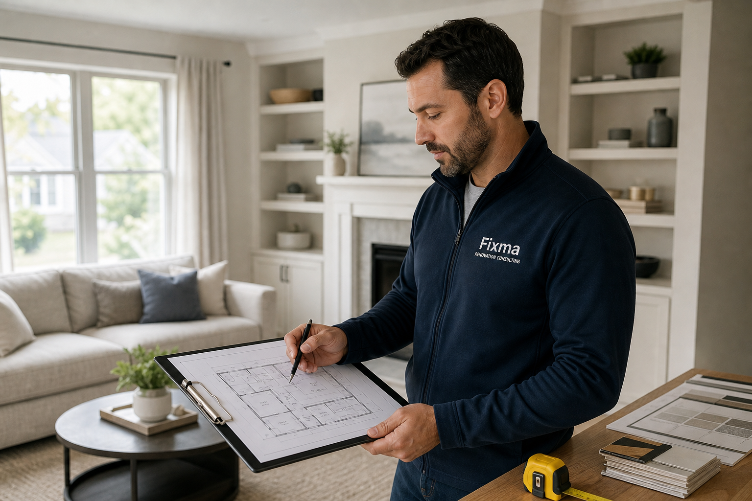 Professional home renovation consultant reviewing floor plans on a clipboard beside a well-kept living room with neutral furnishings and soft natural light