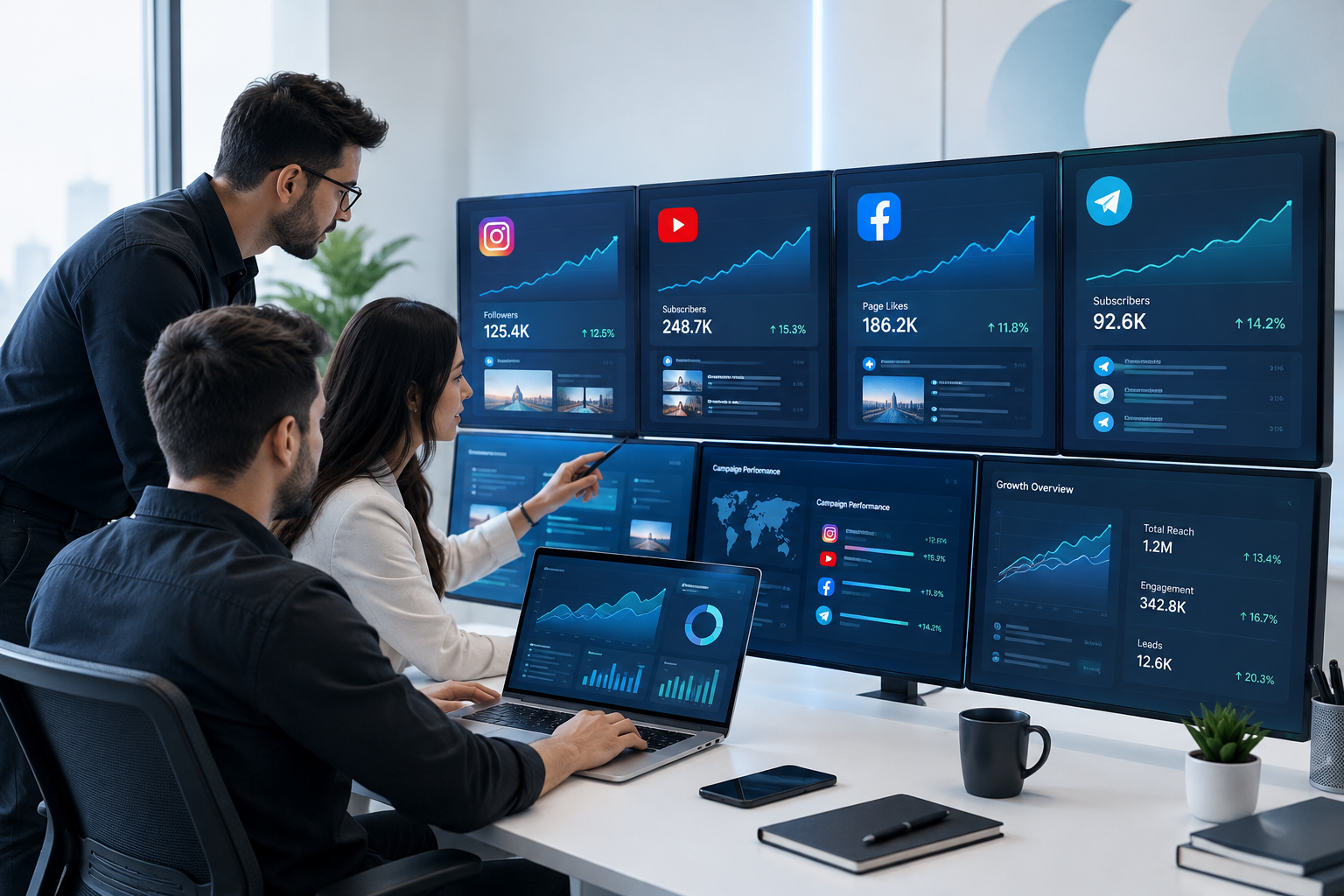 Professional digital marketing team reviewing social media campaign analytics across multiple platform dashboards in a modern studio workspace