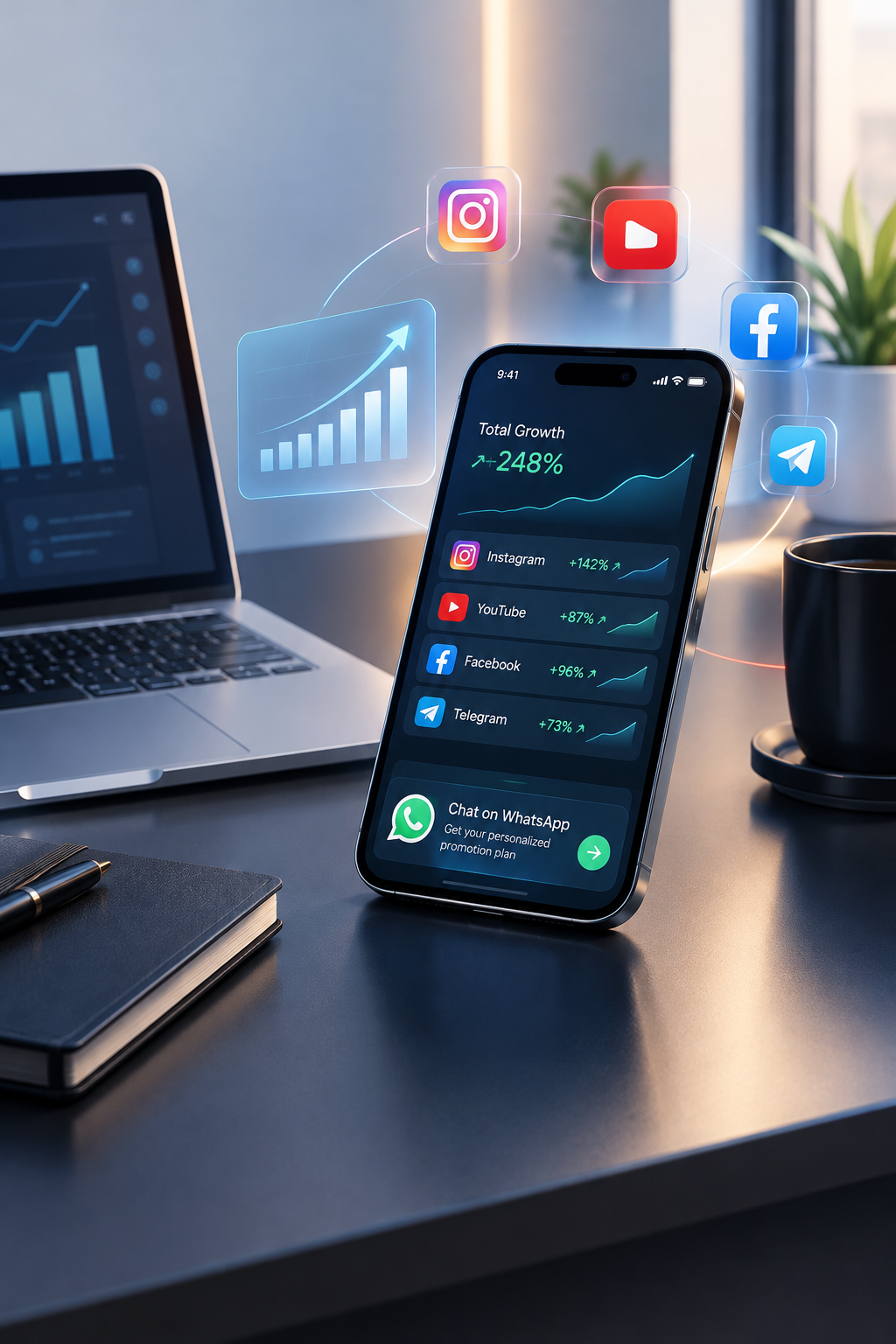 Premium digital campaign planning workspace with a smartphone showing social media growth analytics and WhatsApp consultation flow