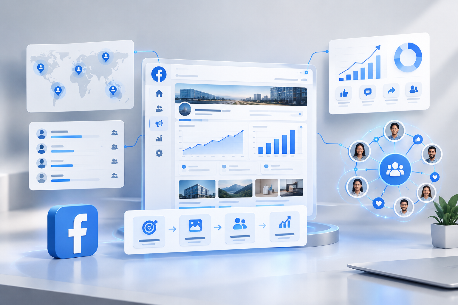 Premium Facebook promotion visual showing a marketing dashboard with audience clusters, campaign flow blocks, page visibility metrics, and connected community nodes