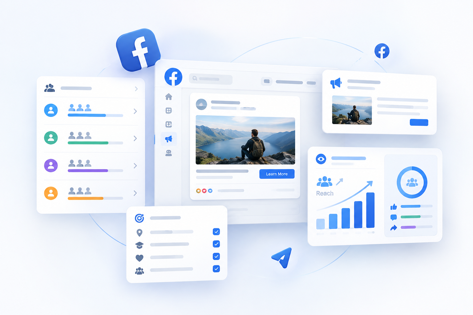 Facebook campaign planning scene with structured audience segments, ad blocks, and page reach indicators on layered interface cards