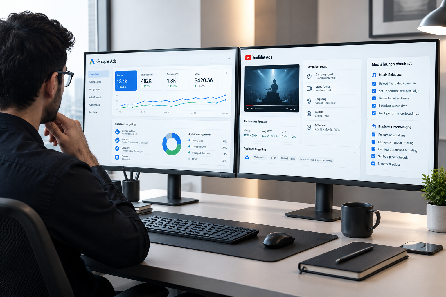 Digital advertising strategist reviewing Google Ads dashboard and YouTube video ad launch plan for music and business campaigns