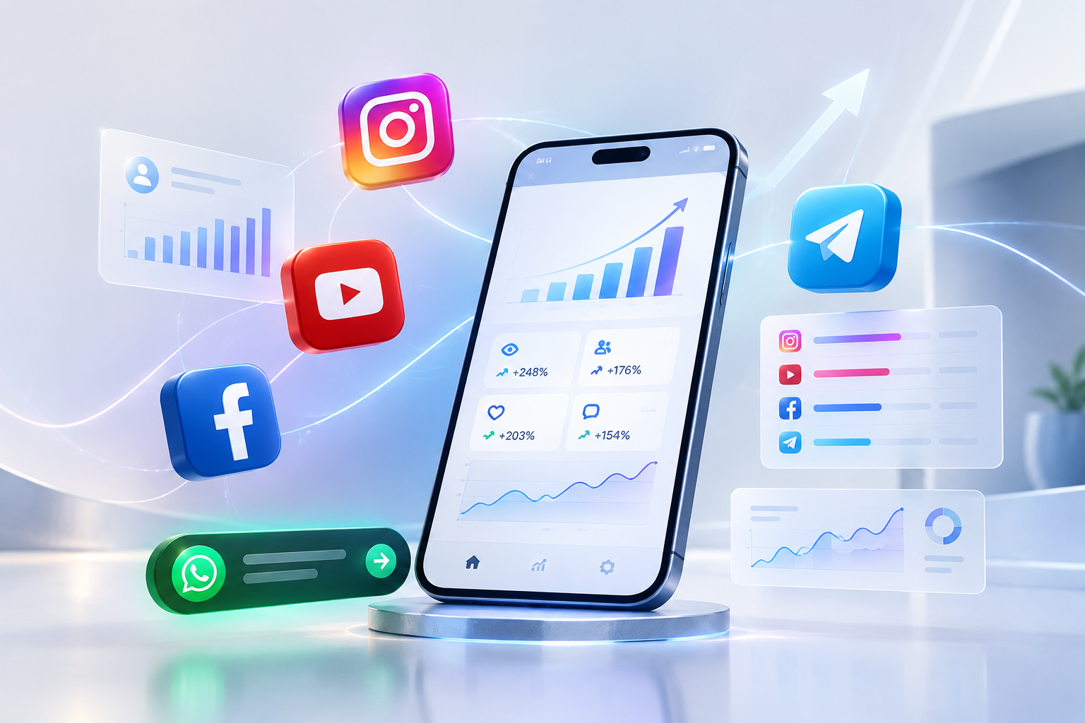 Art-directed premium digital campaign interface with abstract social platform motifs, layered analytics panels, soft signal lines, and polished modern glow