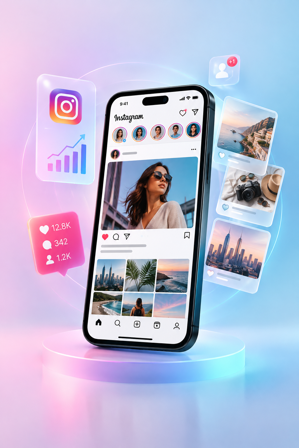 Premium Instagram-themed composition with a modern smartphone feed, layered creator content cards, subtle engagement indicators, and polished social interface lighting