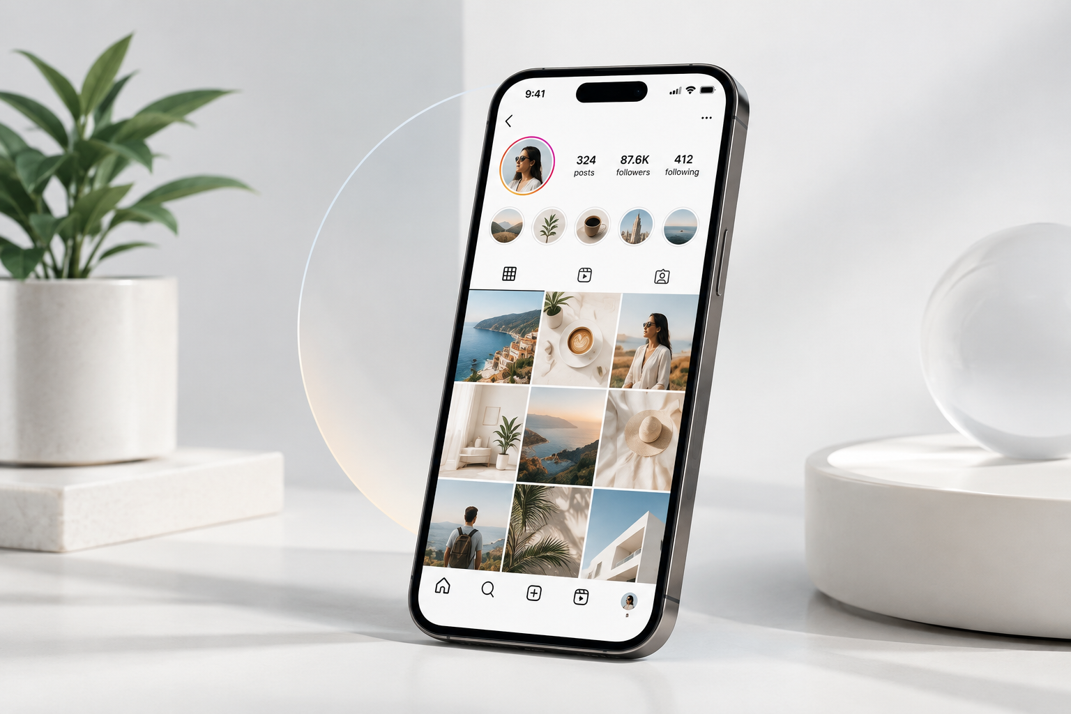 Polished Instagram creator feed on a modern smartphone with curated lifestyle tiles, soft studio lighting, and premium brand aesthetics