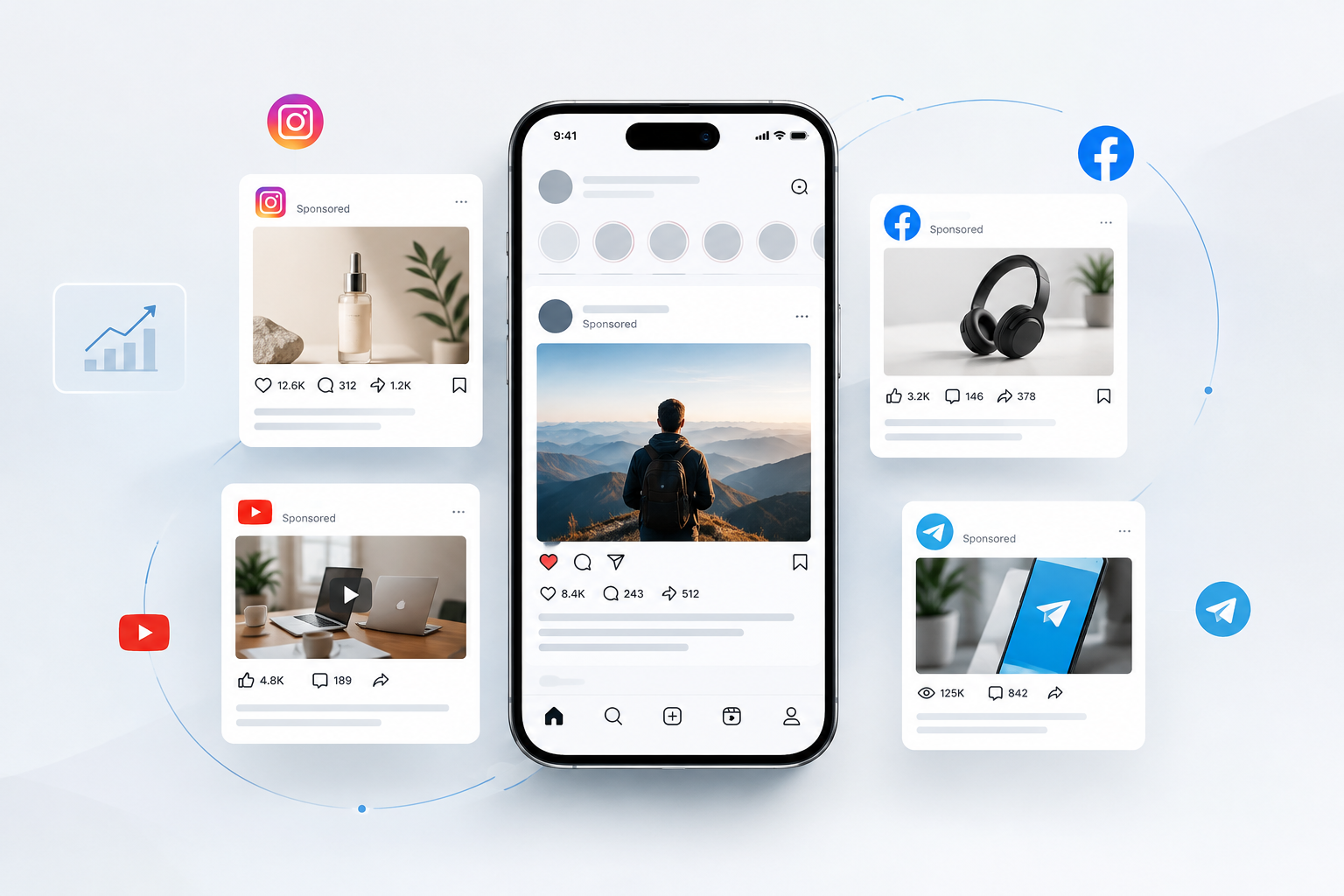 Native advertising mockup integrated into editorial content feed with sponsored cards and realistic engagement indicators