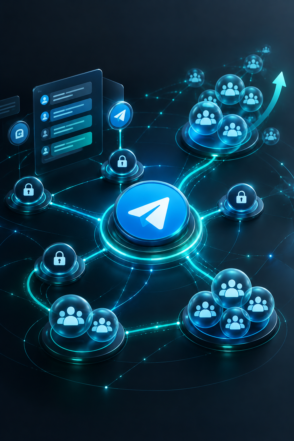 Premium Telegram-themed visual showing encrypted messaging nodes, flowing channel connections, and expanding private community network paths with subtle blue-green glow accents