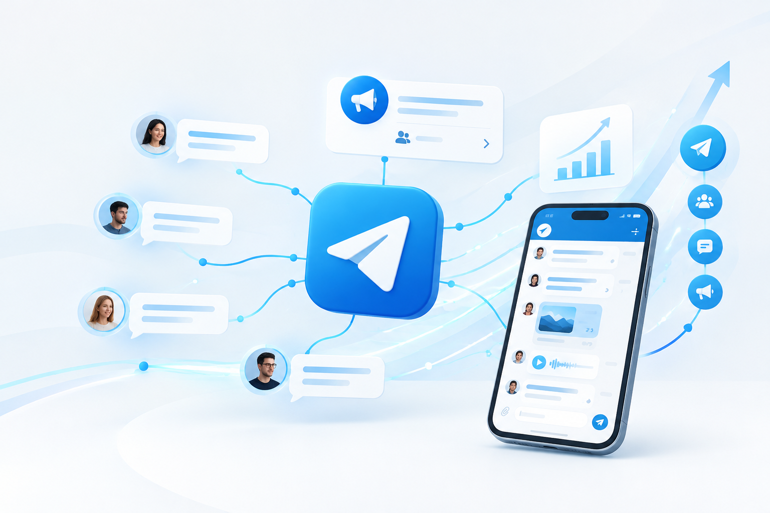Telegram-inspired messaging network with connected chat nodes, channel growth paths, and flowing digital communication lines