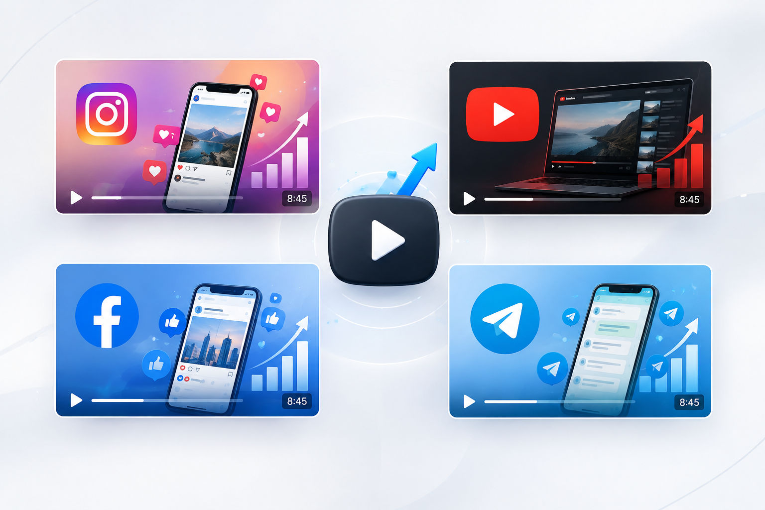 Collection of high-contrast video thumbnail concepts with clear typography framing and platform-ready visual composition