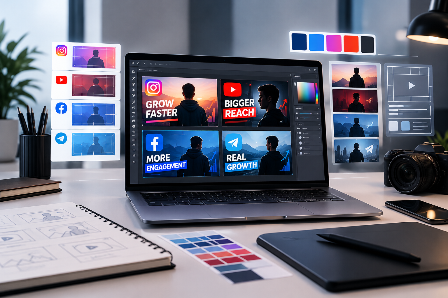 High-impact thumbnail design board with bold typography, subject cutouts, and contrast-focused layouts for social platforms