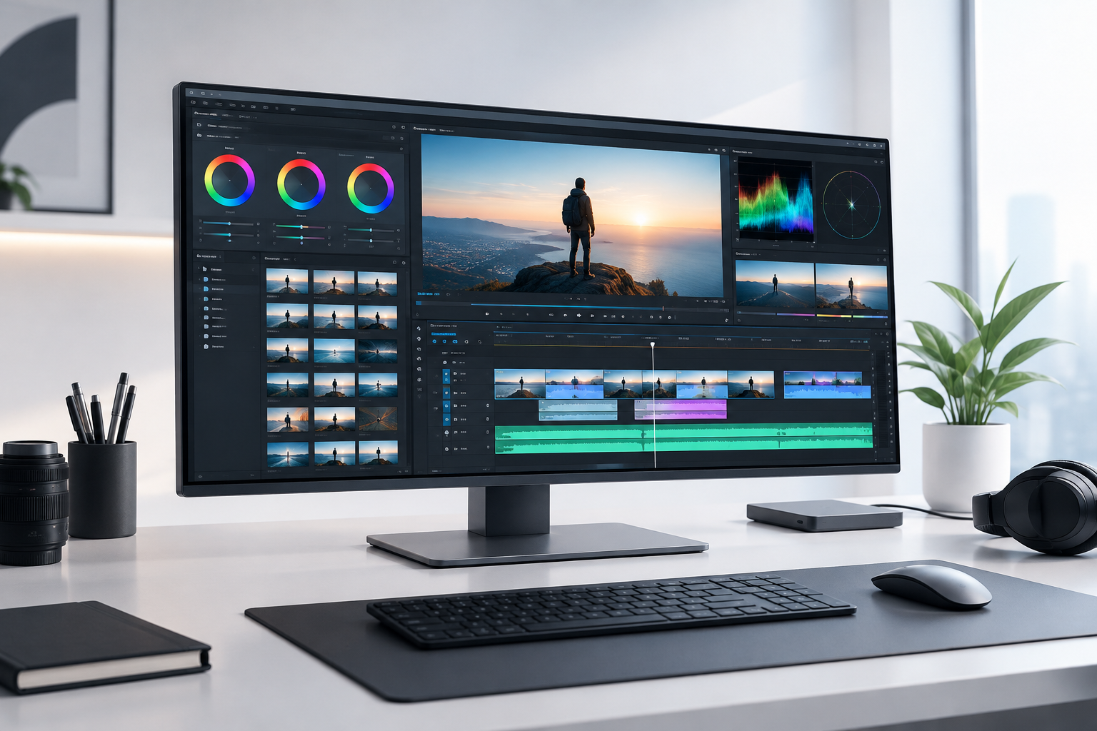 Video editing timeline with color grading controls, layered clips, and polished export preview on a professional editing monitor