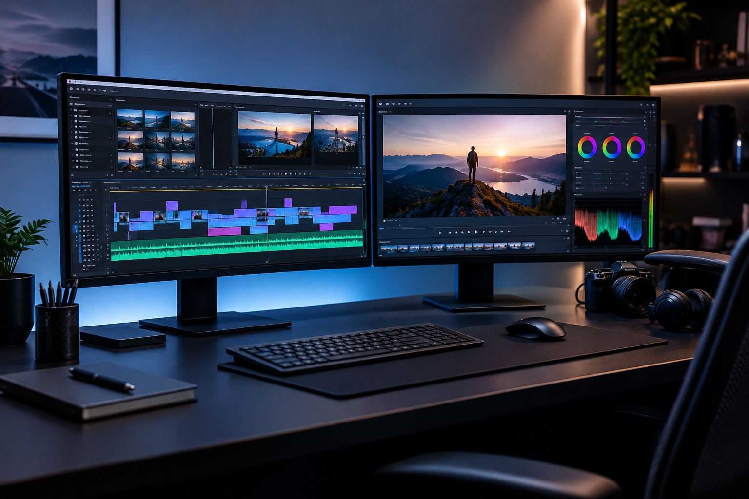 Professional video editing timeline with layered clips, audio tracks, and polished color grading on dual monitors