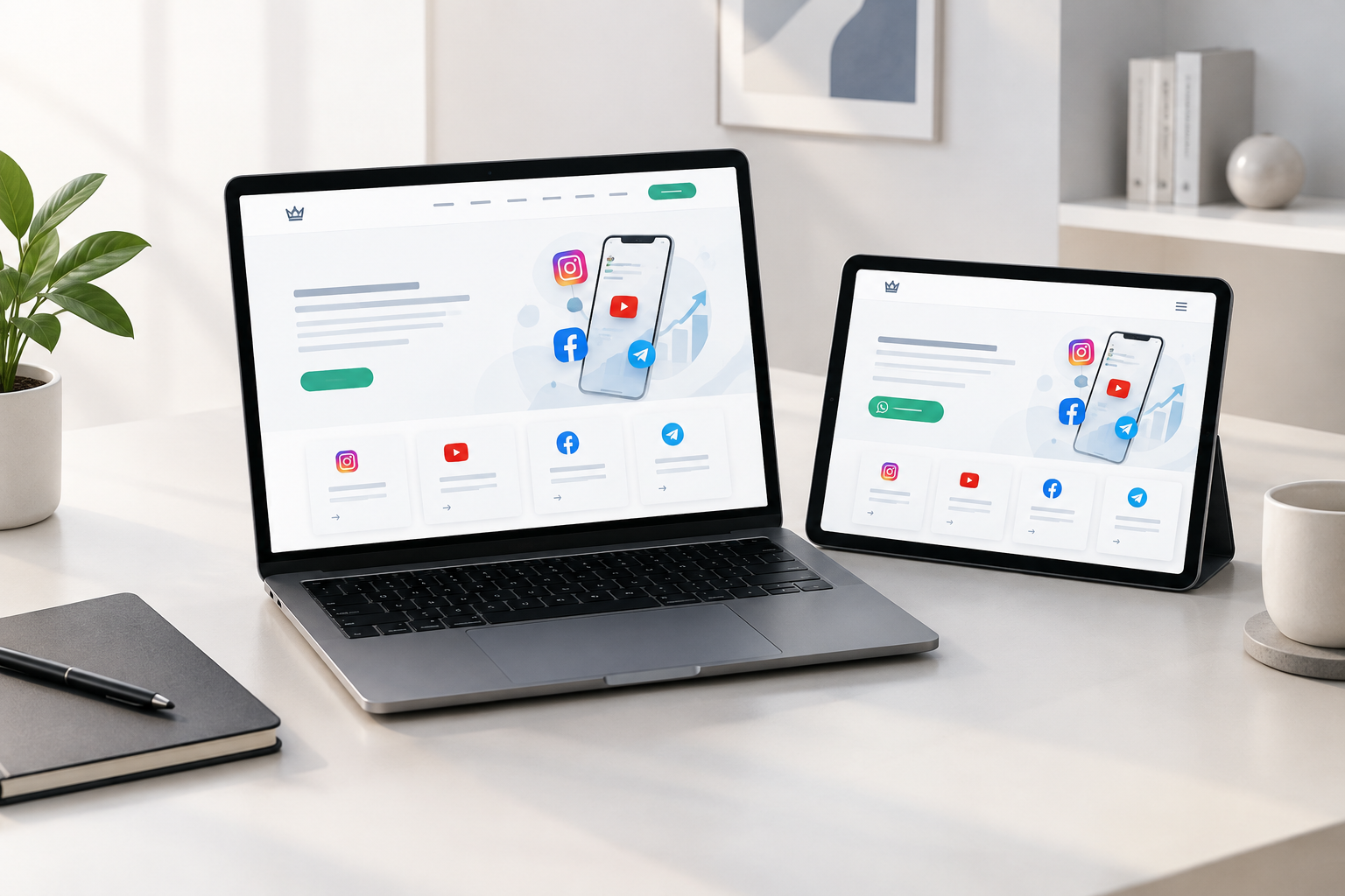 Modern website wireframe and live responsive page preview shown on laptop and tablet in a minimalist design studio