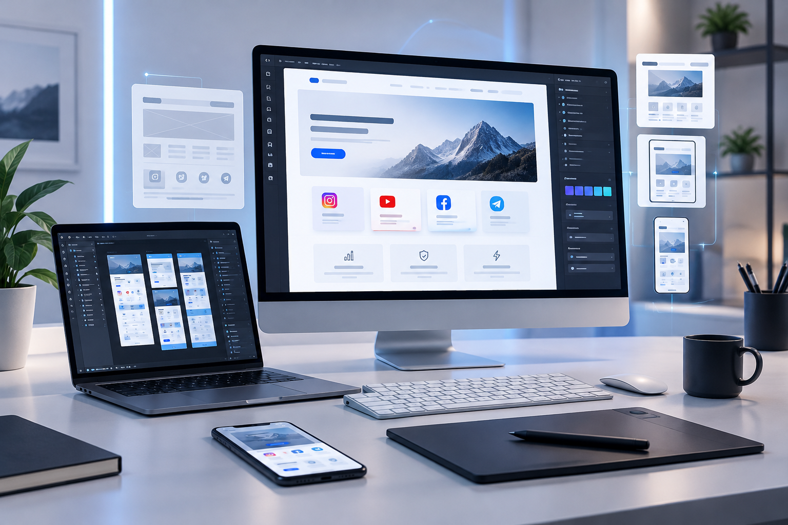Modern website creation workspace with responsive page wireframes, clean UI blocks, and premium digital design tools on a desktop display