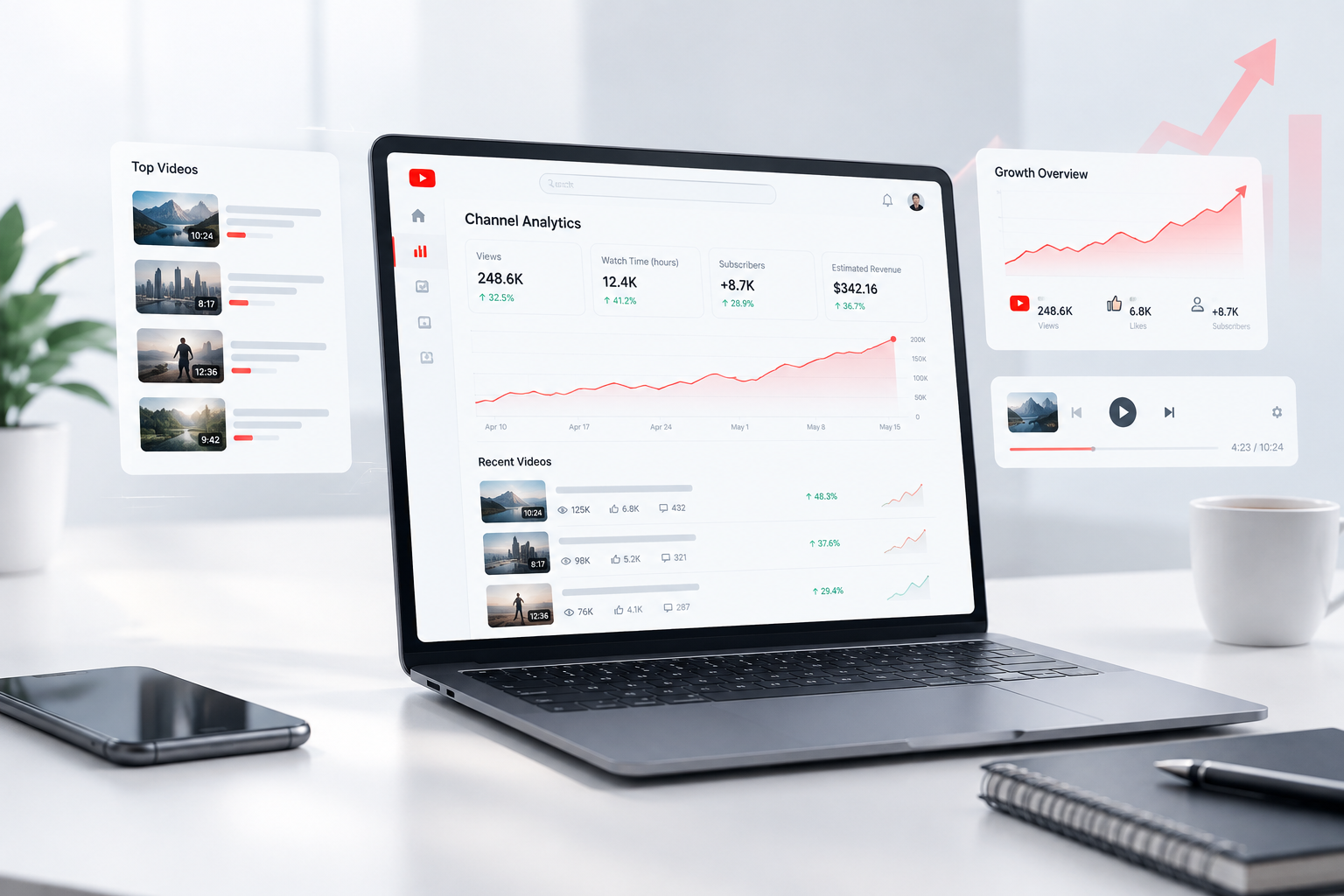YouTube analytics-style dashboard with video thumbnails, rising chart lines, and media control panels in a clean digital workspace