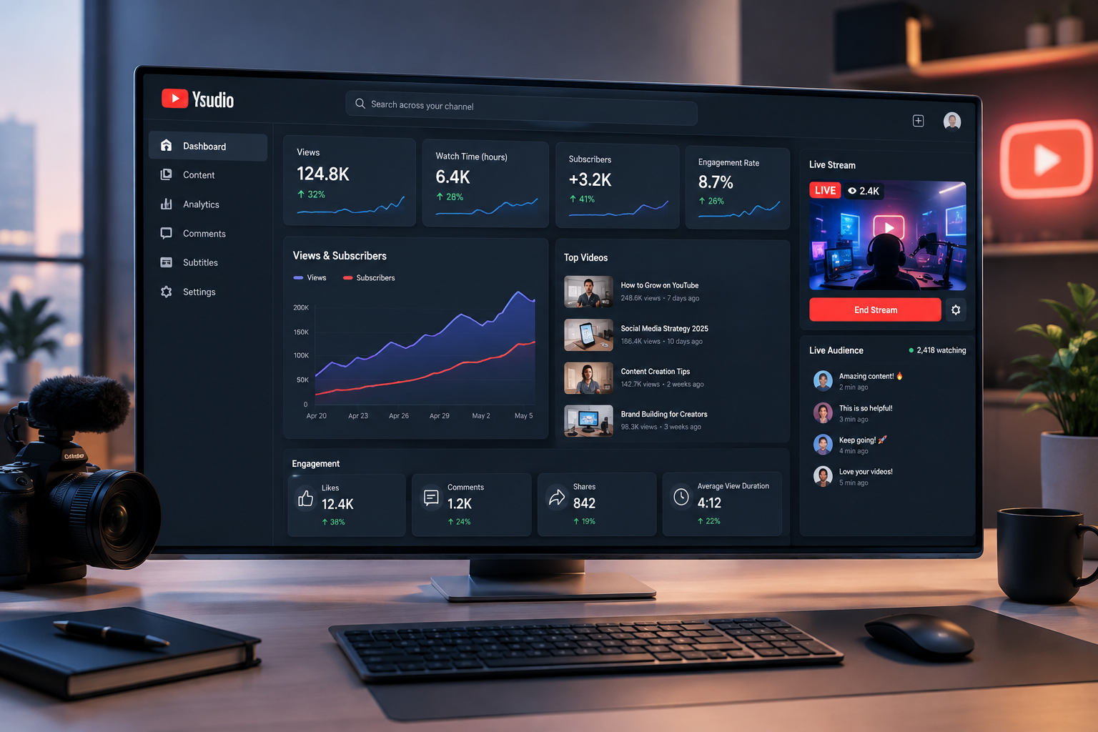 YouTube-focused promotion visual showing video analytics charts, live-stream monitoring panels, engagement metrics, and a modern creator dashboard interface