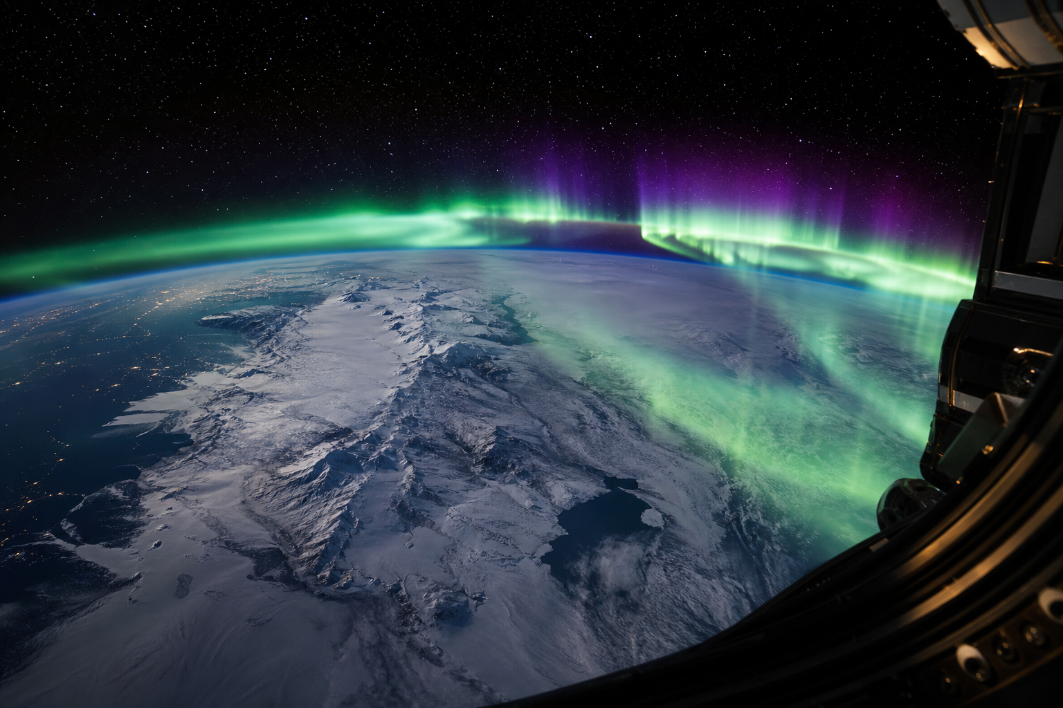 Aurora passage from an orbital viewing deck