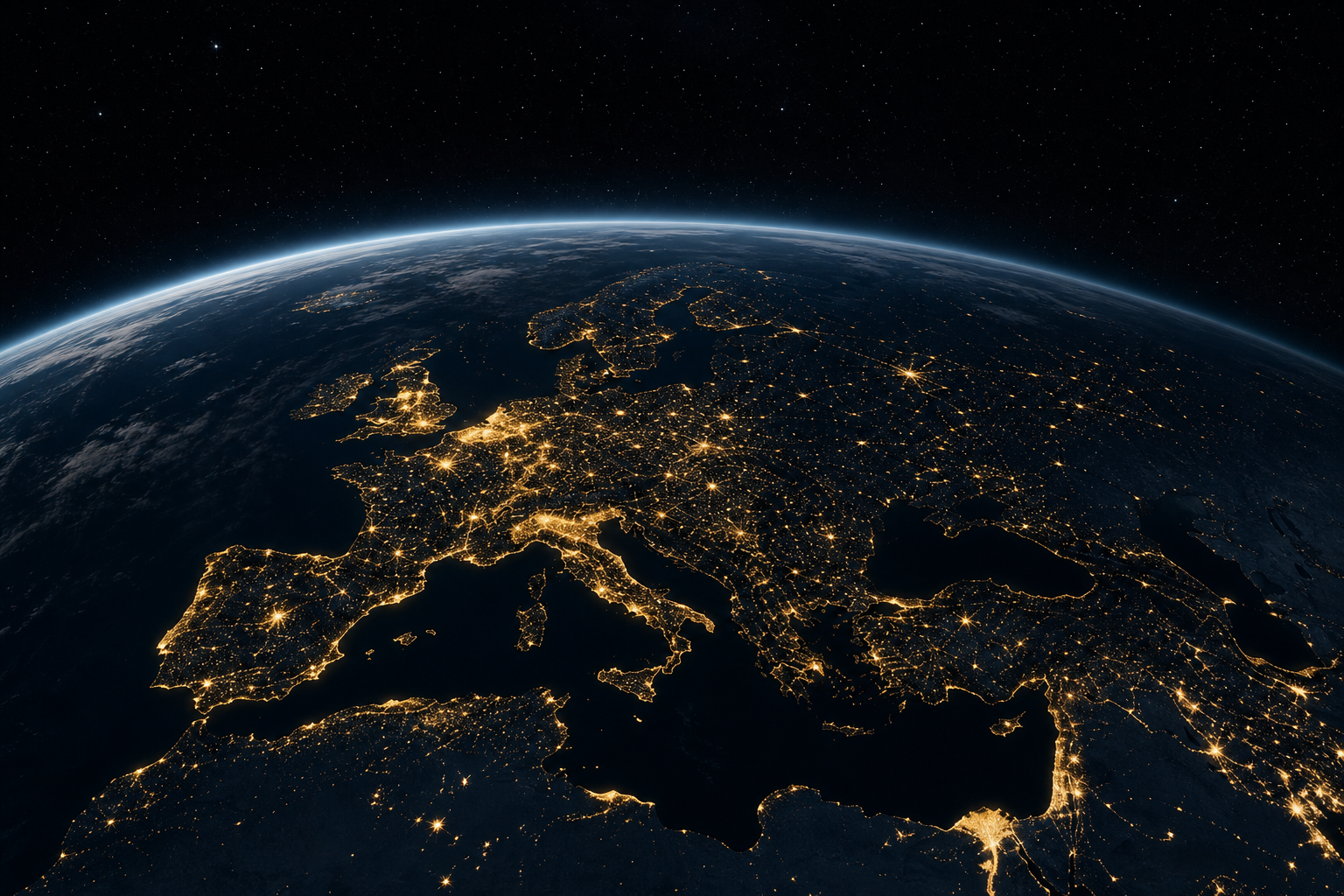 Earthline at night with city lights and dark ocean