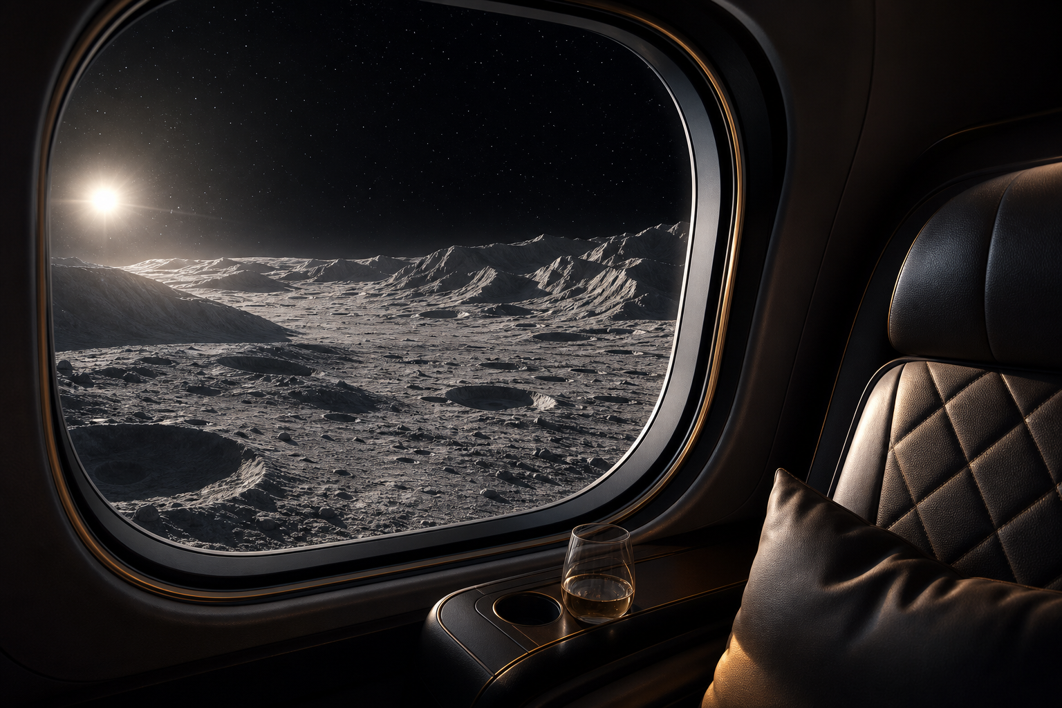 Lunar horizon inspired vista from a high-altitude cabin window