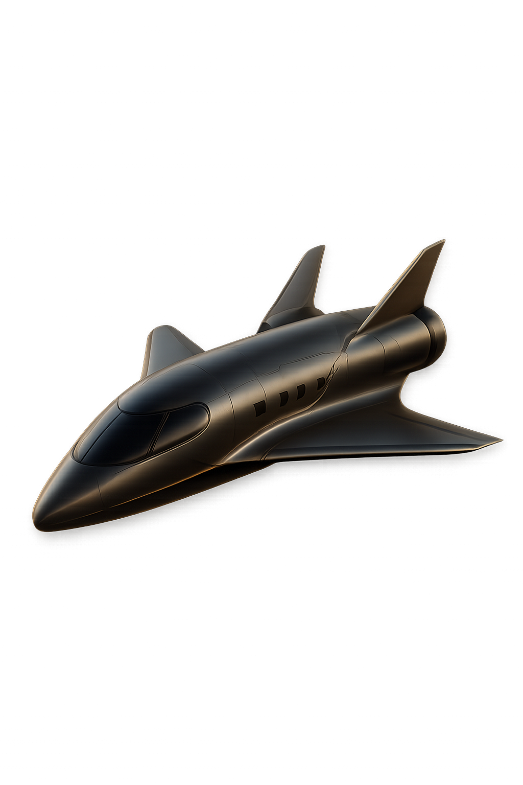 Futuristic luxury orbital spacecraft seen in three-quarter view, metallic body with soft gold accent lighting and panoramic cabin windows