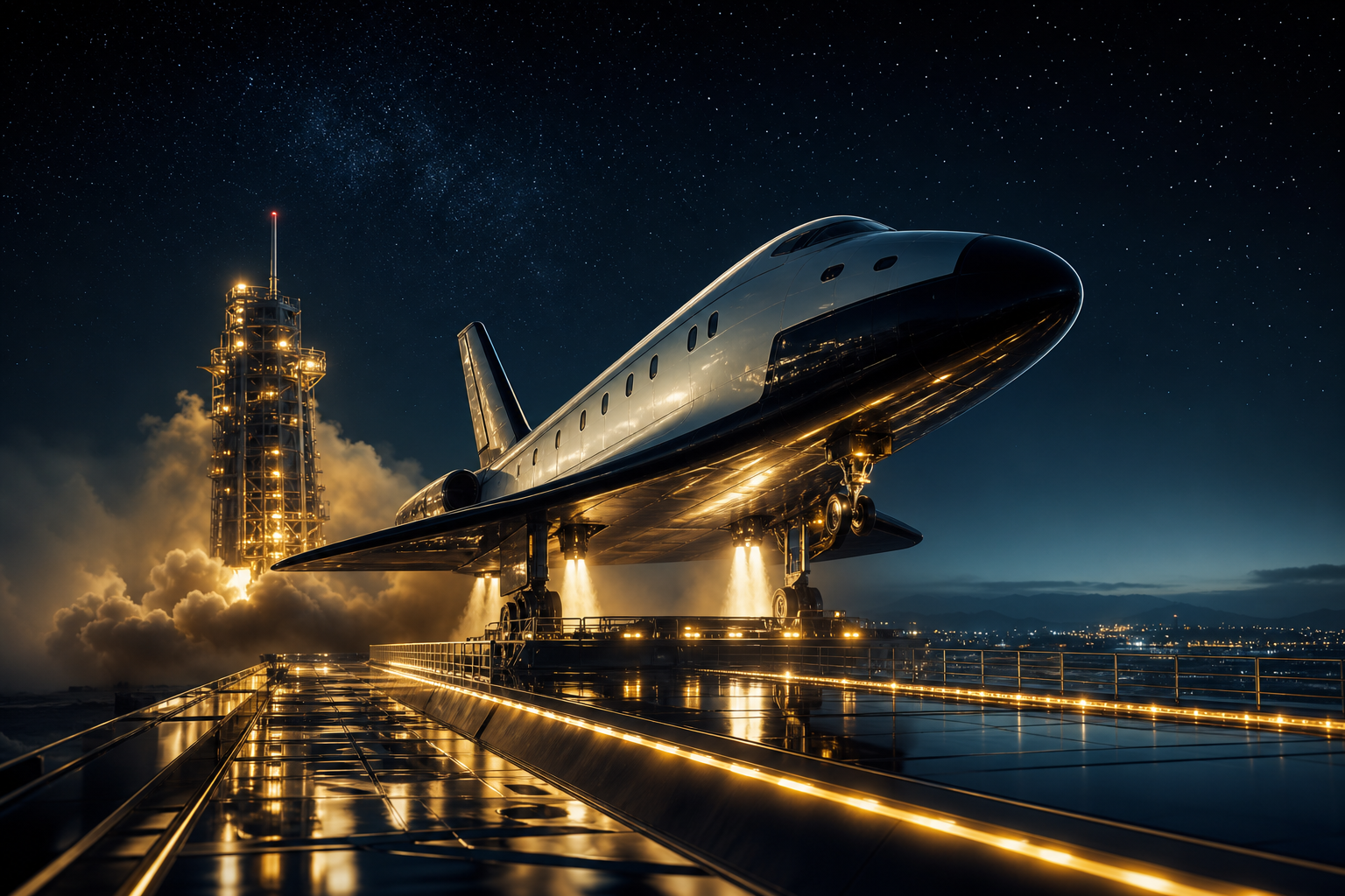 Cinematic spacecraft lifting above a glowing night launchpad with reflected gold light