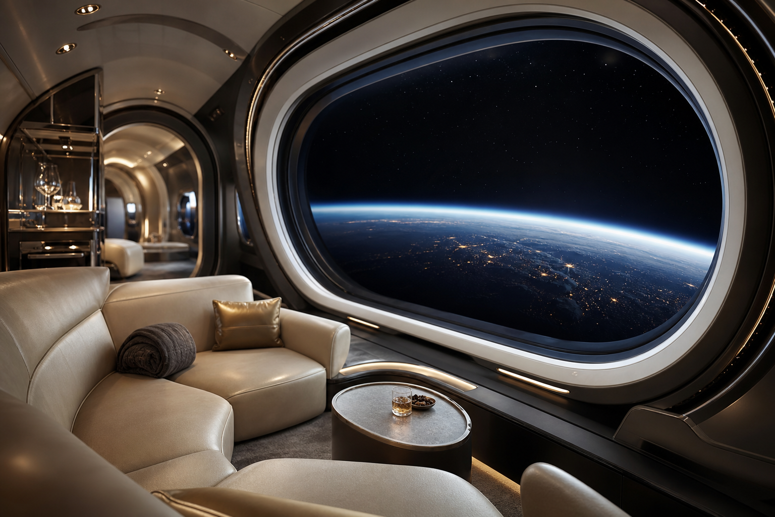 Luxury orbital cabin lounge with panoramic Earth horizon viewed through curved glass
