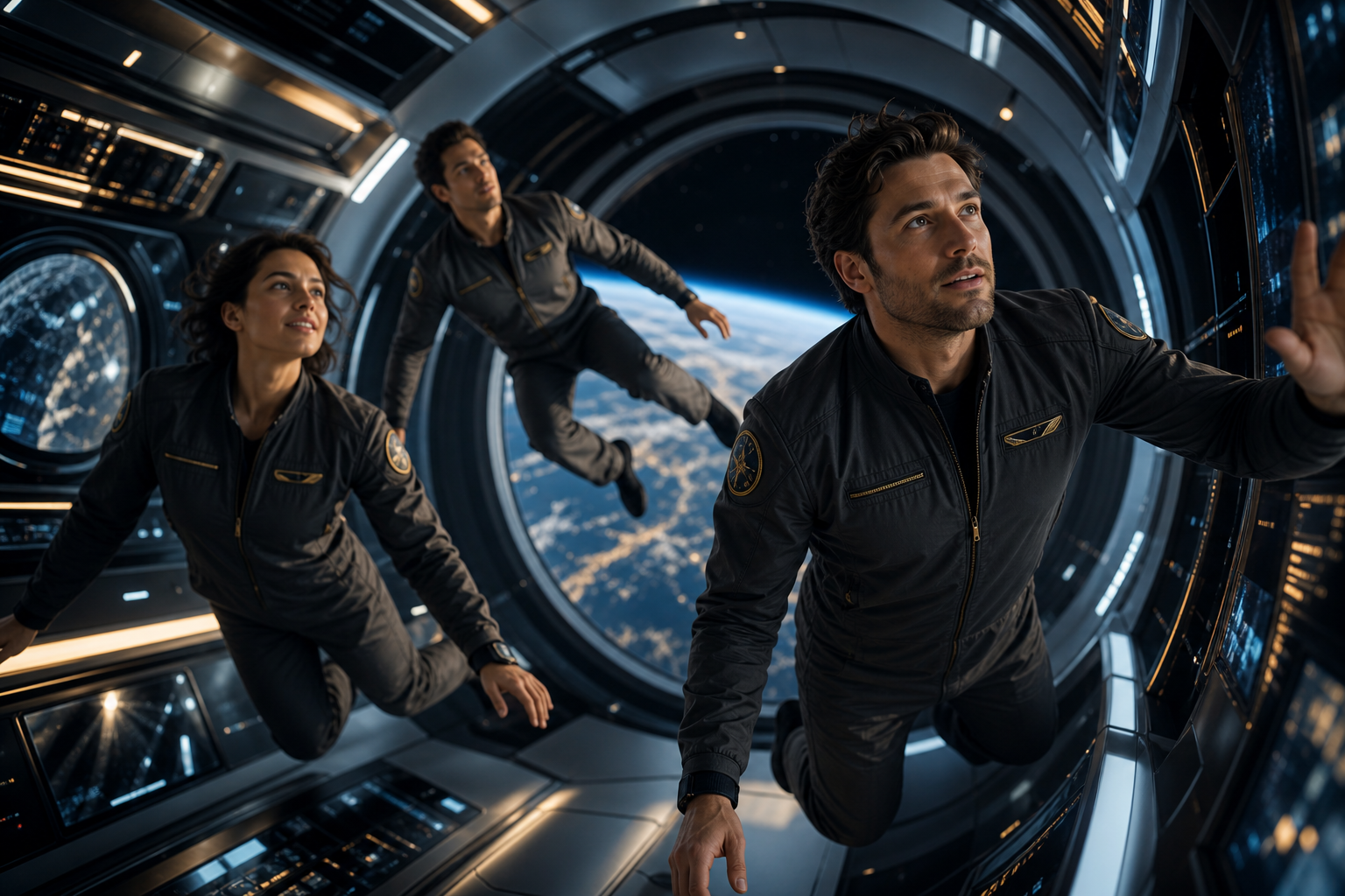 Passengers in tailored flight suits floating in microgravity with ambient cabin lighting