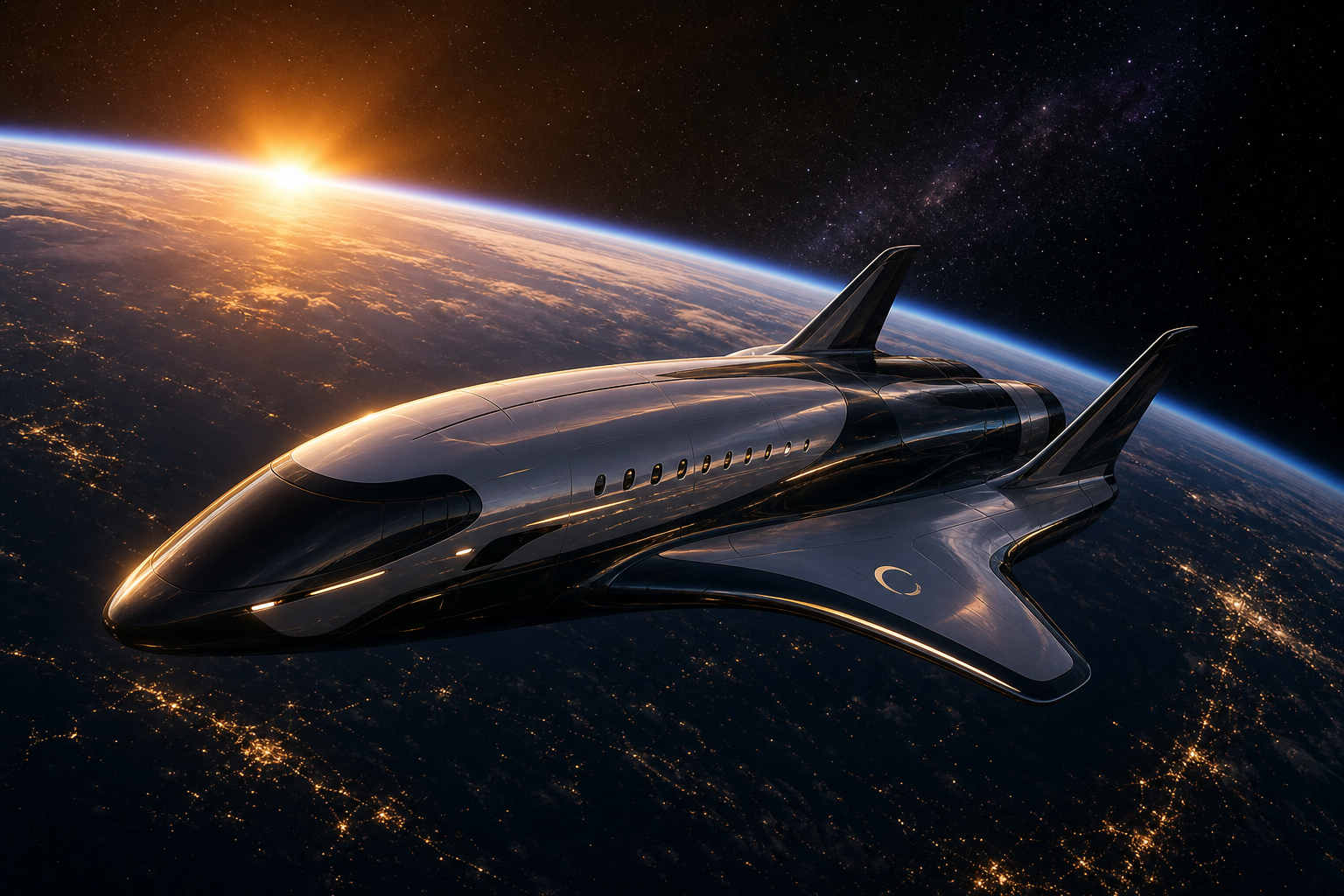 Orbital craft approaching a sunrise line over Earth with glowing atmospheric rim
