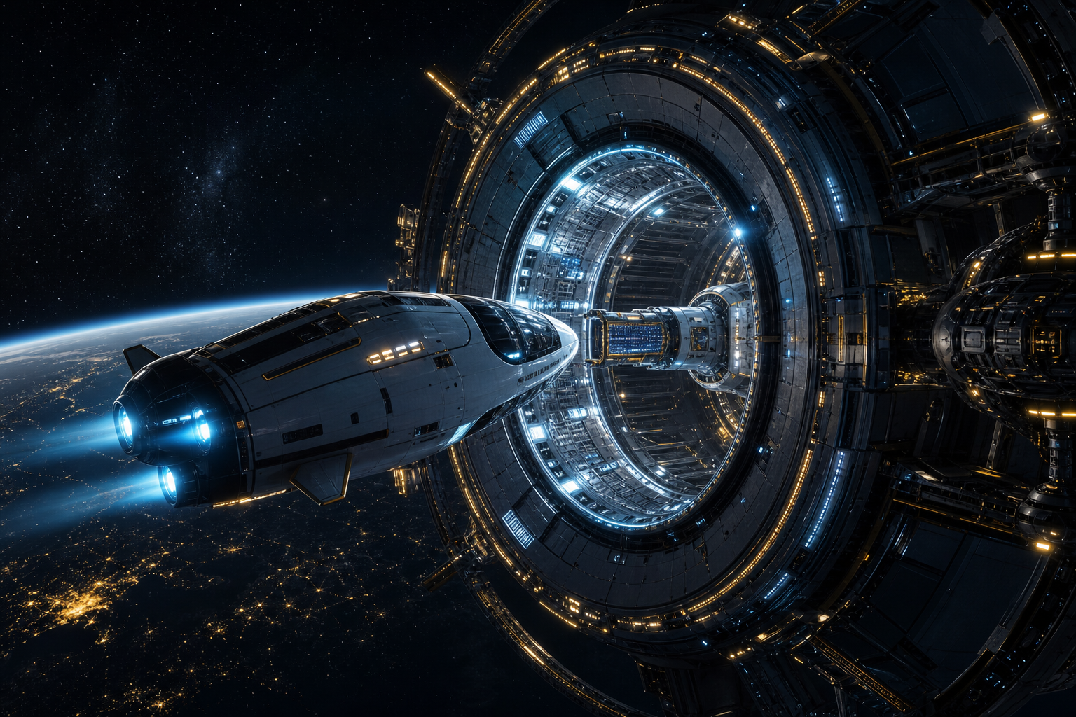 Sleek spacecraft docking at an illuminated orbital station ring with starfield backdrop