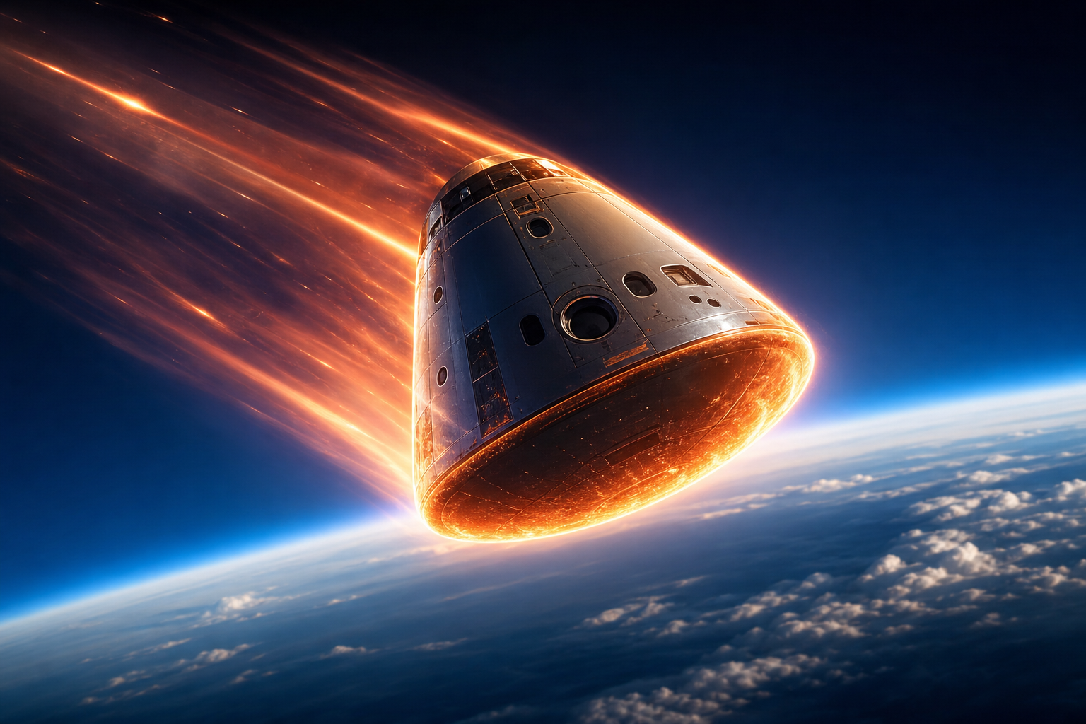 Reentry capsule descending through luminous upper atmosphere with controlled plasma trail