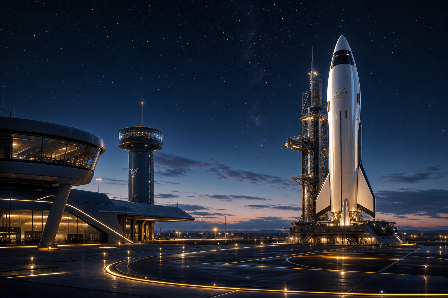 Luxury private launch pad at dusk with a sleek orbital spacecraft illuminated by gold runway lighting