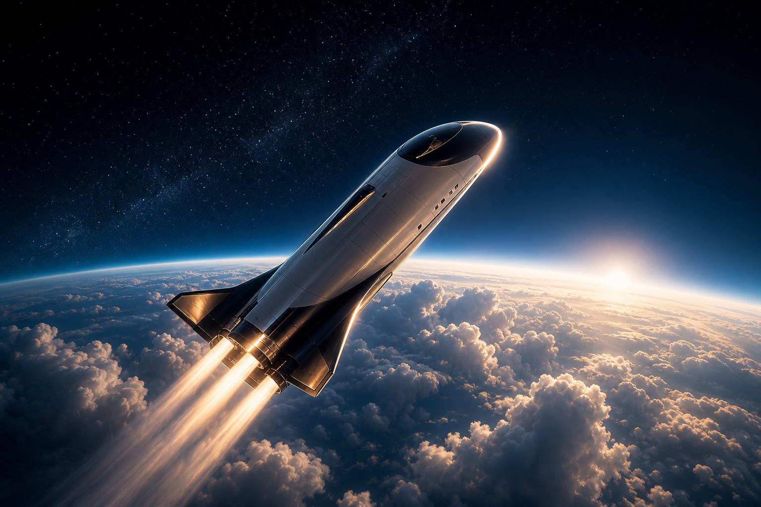 Orbital craft climbing above cloud layers with a glowing horizon and deep indigo atmosphere