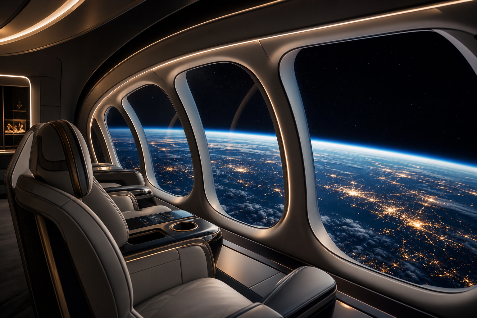 Interior of a premium spacecraft cabin with panoramic windows overlooking Earth curvature