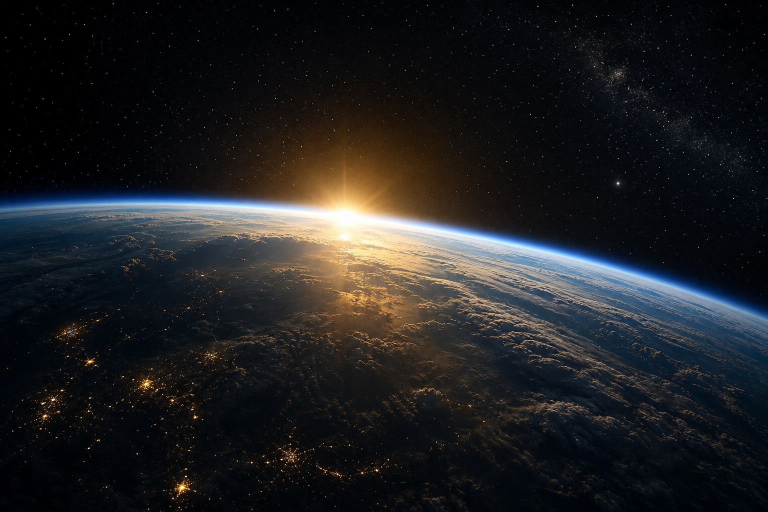 Golden sunrise cresting over Earth seen from orbit with stars fading into a blue atmospheric arc