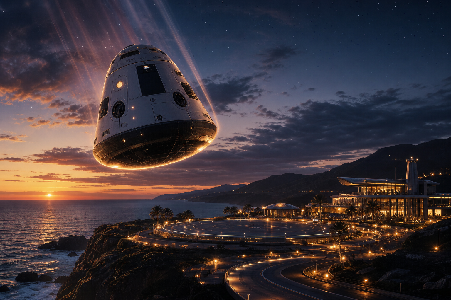 Spacecraft reentry capsule descending toward a luxury coastal landing facility at twilight