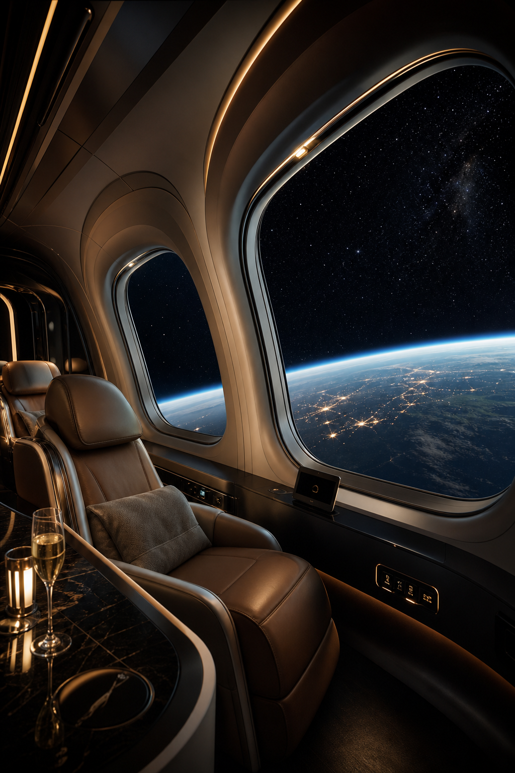 Cinematic interior view of a luxury orbital cabin overlooking Earth through panoramic windows