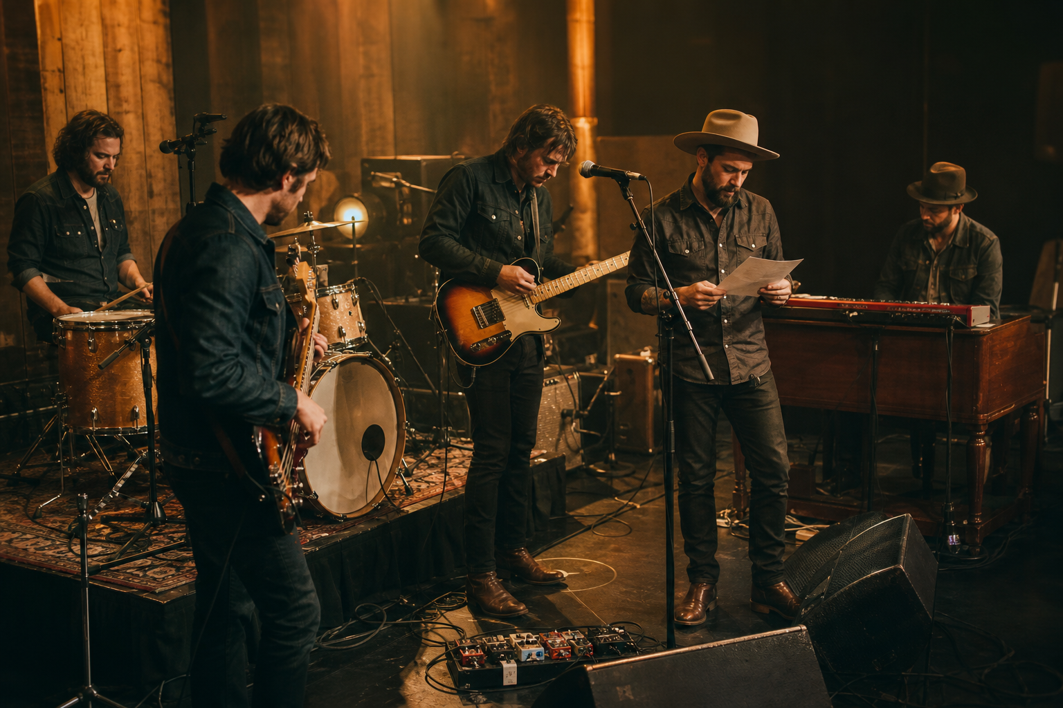 The Bootleggers in a polished rehearsal and stage-prep moment, coordinating charts and instruments before a live set
