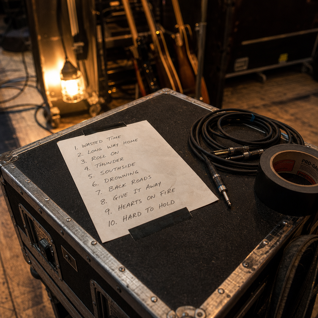 Backstage setup detail with a handwritten setlist taped to a road case