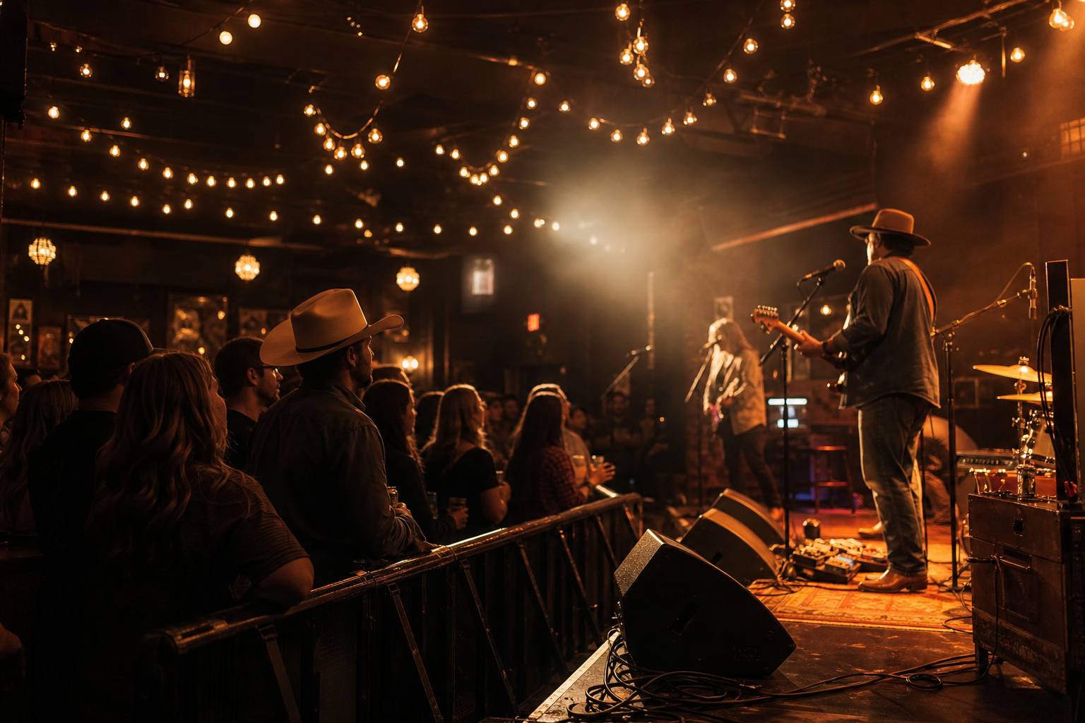 Crowd-side atmosphere with audience silhouettes, string lights, and stage glow