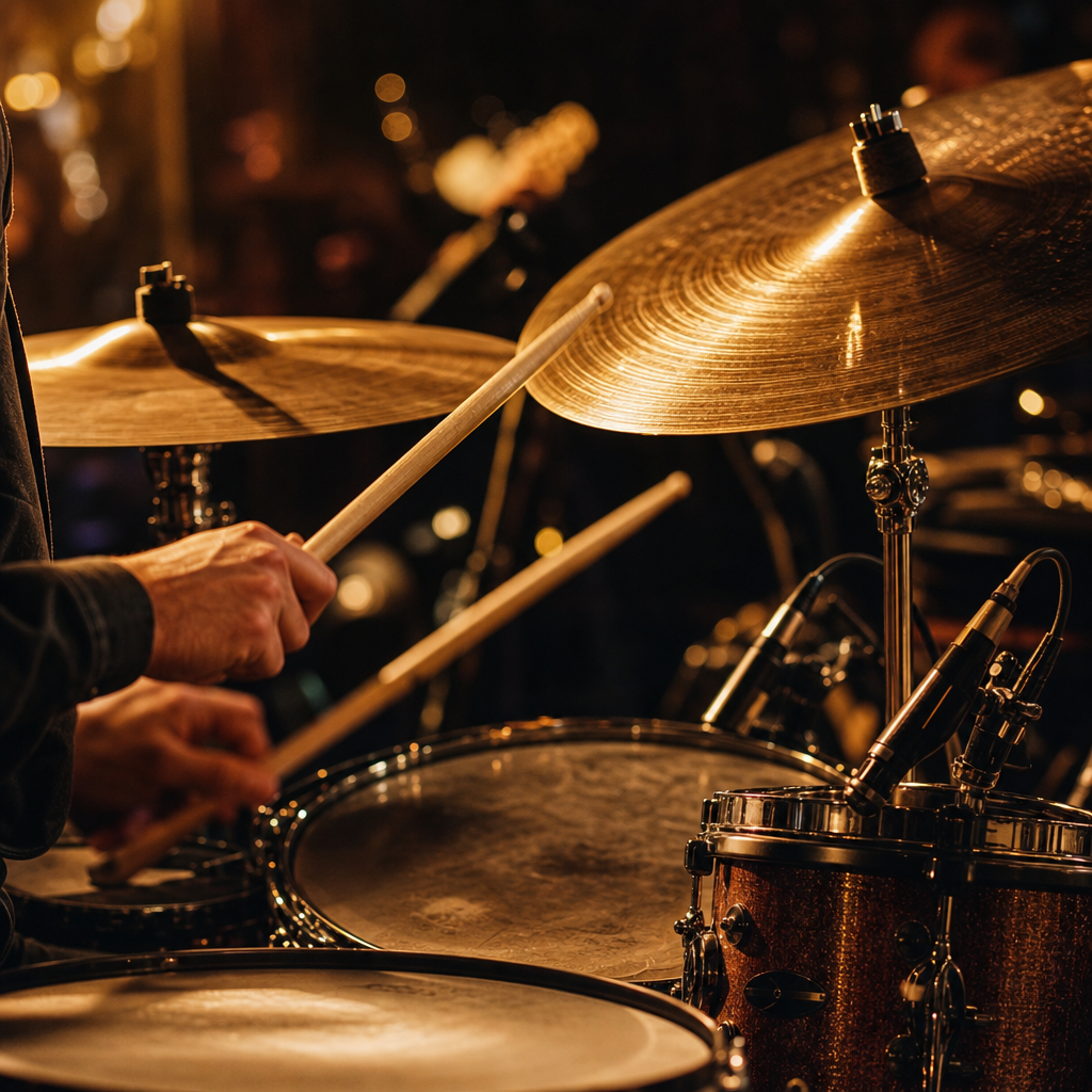 Drum kit close detail with bronze cymbals and sticks in motion under warm light