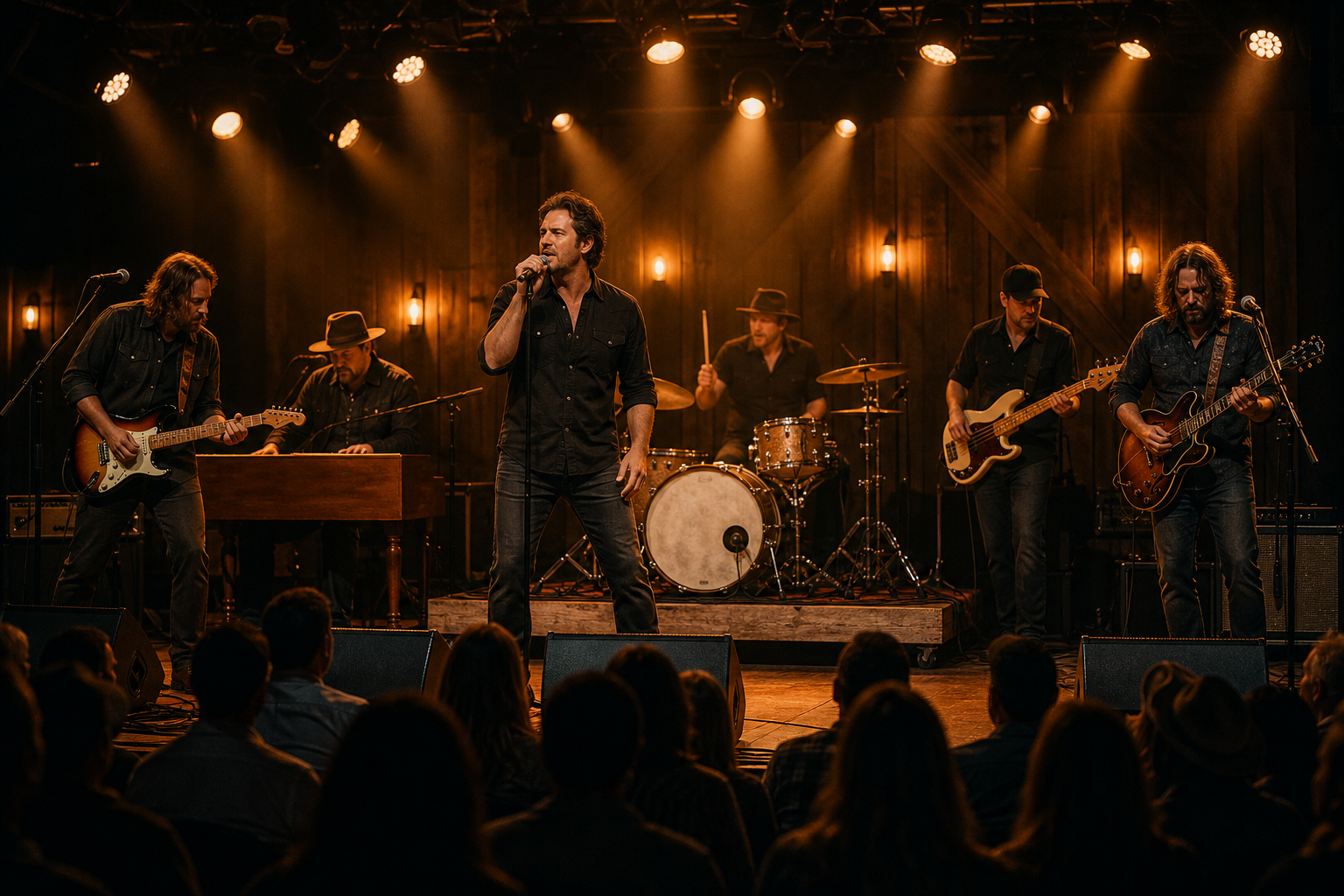 Signature Nashville live reel frame showing The Bootleggers backing a lead artist on a warmly lit theater stage
