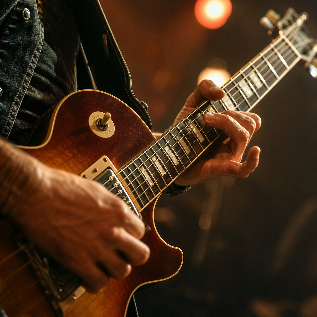 Close instrument detail of a sunburst electric guitar fretboard during a live song