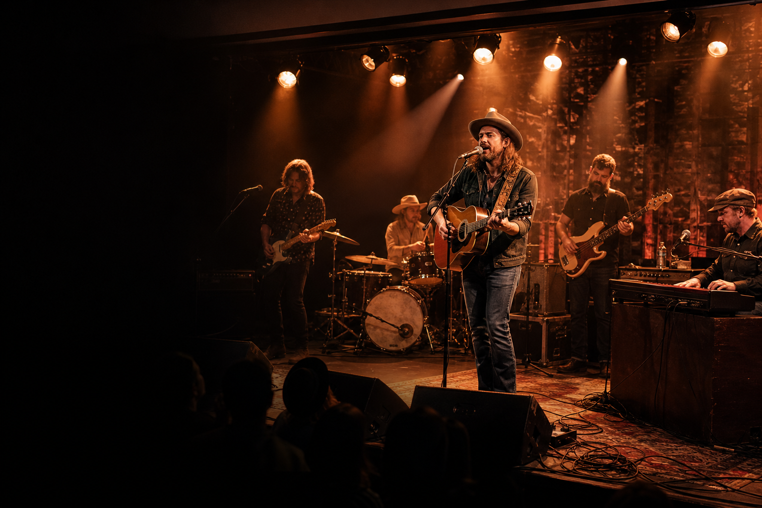 Cinematic live Nashville backing band performance with warm stage lights, full instruments, and artist-support energy
