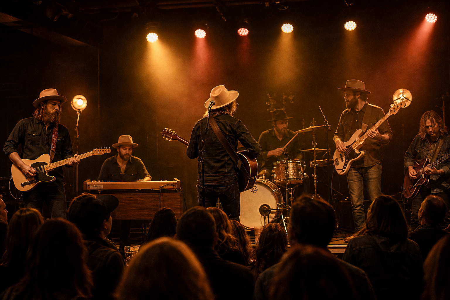 Wide live-performance frame with the full band backing an artist under warm amber stage lights
