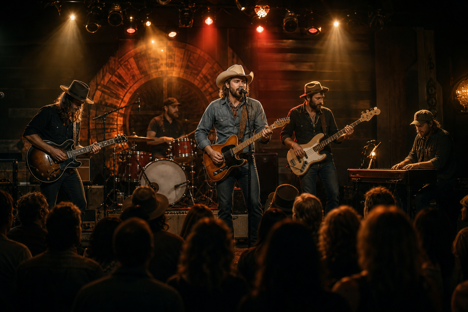 Dramatic live-stage performance scene with The Bootleggers backing an artist under warm Nashville concert lighting