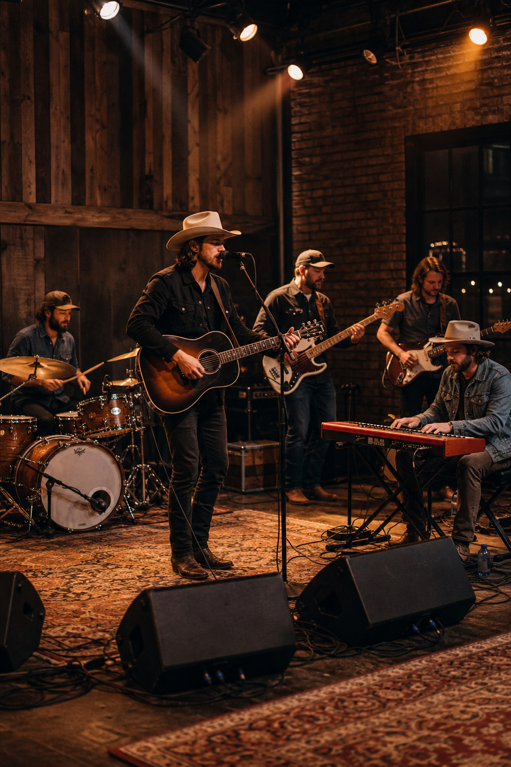 The Bootleggers supporting an artist on stage during rehearsal with coordinated live cues and professional setup